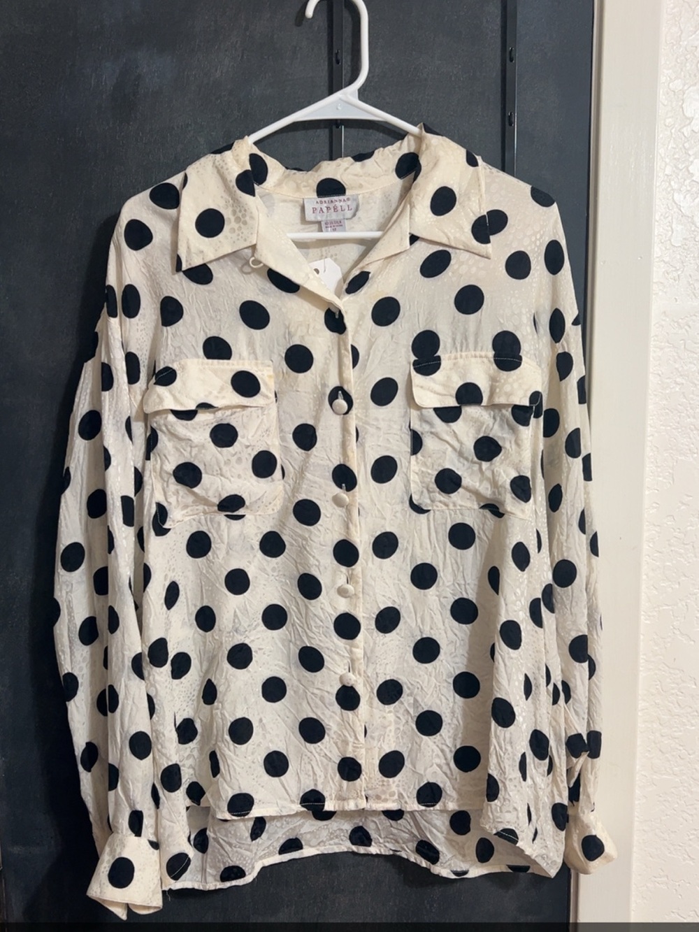 Adrianna Papell Cream and Black Polka Dot Button-Up Blouse